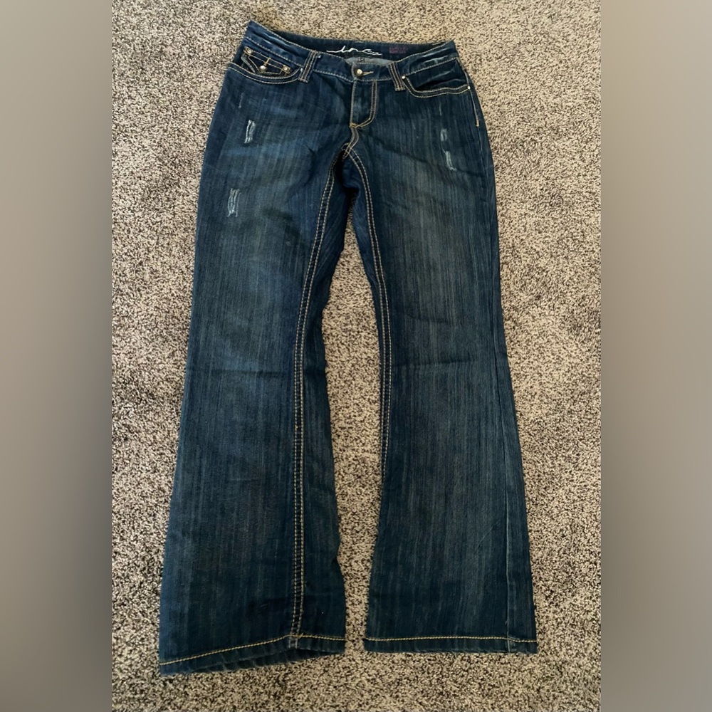 INC International Concepts 6 Jeans Curvy Fit Boot Cut Stretch Rhinestone Denim